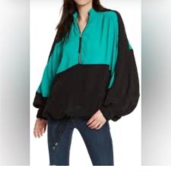 Free People womans teal & black color block jacket oversized size XS/S - Picture 1 of 3